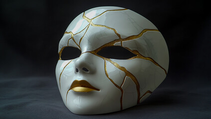 A white porcelain mask decorated with intricately carved golden lines, symbolizing the fear of masculinity and the struggle to break through the dark, shadowy and distorted sky.