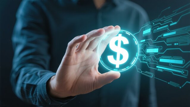 Digital Finance Technology: Futuristic Hand Holding Glowing Dollar Sign Hologram, Fintech Innovation Concept