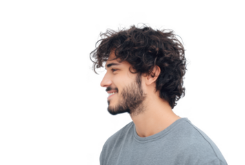 Profile view of a young man with curly hair and a beard. smiling gently against a plain background. conveying a sense of confidence and approachability. suitable for lifestyle or portrait photography