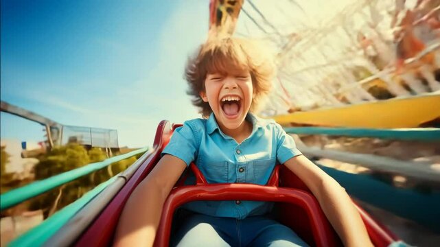 POV video shot of a person on a roller coaster, capturing excitement and motion blur. The wide-angle view emphasizes speed and thrill.
