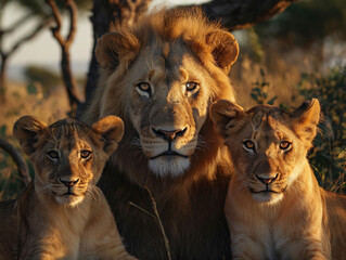 Obraz premium Lion family resting together, natural habitat, warm colors
