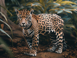 Obraz premium Jaguar standing in dense jungle, natural background, earthy colors