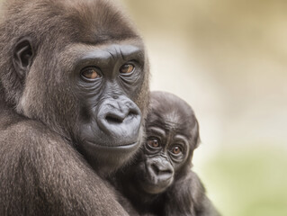 Naklejka premium Adult gorilla holding infant, natural background, soft light, brown