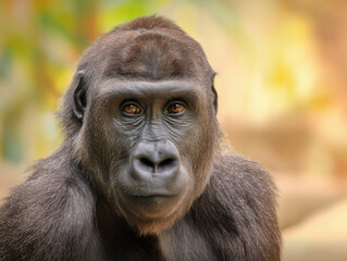 Obraz premium Gorilla looking at camera, blurred nature background, warm tones