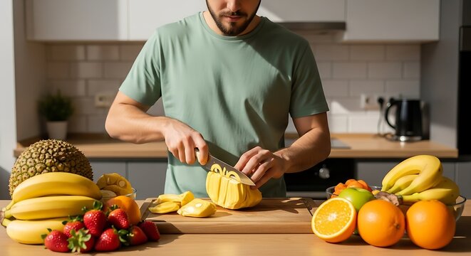 Man happily slicing exotic durian fruit on a wooden board surrounded by fresh colorful fruits in a modern kitchen for a healthy lifestyle