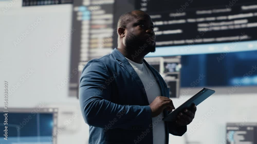 Poster african american coder expert immersing in software development for a high tech work environment, fo