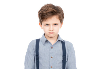 A young boy with a serious expression stands against a plain white background. wearing a button-up shirt and suspenders. conveying a mood of frustration or displeasure