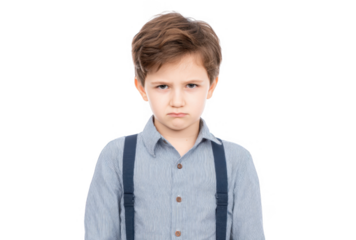 A young boy with a serious expression stands against a plain white background. wearing a button-up shirt and suspenders. conveying a mood of frustration or displeasure