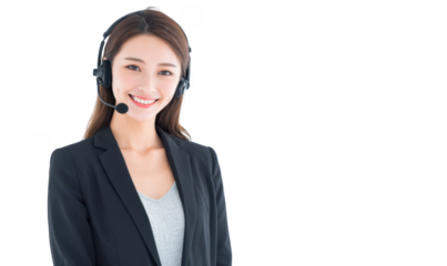 A professional woman wearing a headset and suit smiles confidently. representing customer service in a bright. minimalistic office environment. conveying approachability and professionalism