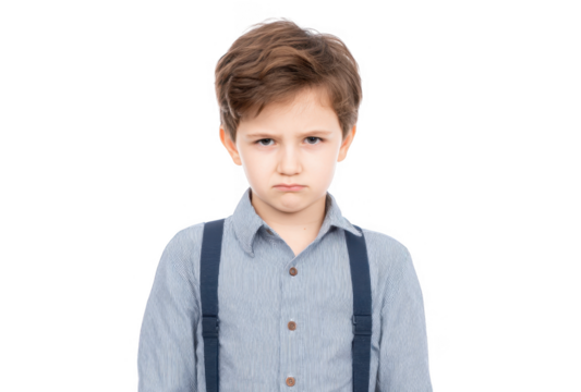 A young boy with a serious expression stands against a plain white background. wearing a button-up shirt and suspenders. conveying a mood of frustration or displeasure