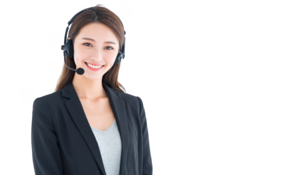A professional woman wearing a headset and suit smiles confidently. representing customer service in a bright. minimalistic office environment. conveying approachability and professionalism