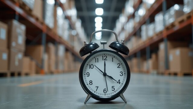 A black alarm clock sits in a warehouse.