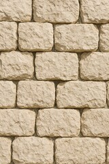 Fototapeta premium Close-up view of a beige stone wall with rough textured blocks arranged in a uniform pattern, ideal for architectural backgrounds, construction details, and rustic surface design concepts