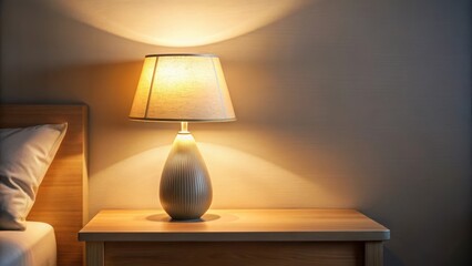 Soft glowing light emanates from a sleek table lamp beside a bedside table
