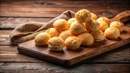 Pao de Queijo Display Freshly baked cheese bread on a wooden cutting board