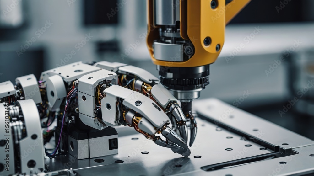 Poster a robotic arm with intricate mechanical joints is engaged in a precision task on a metallic surface.