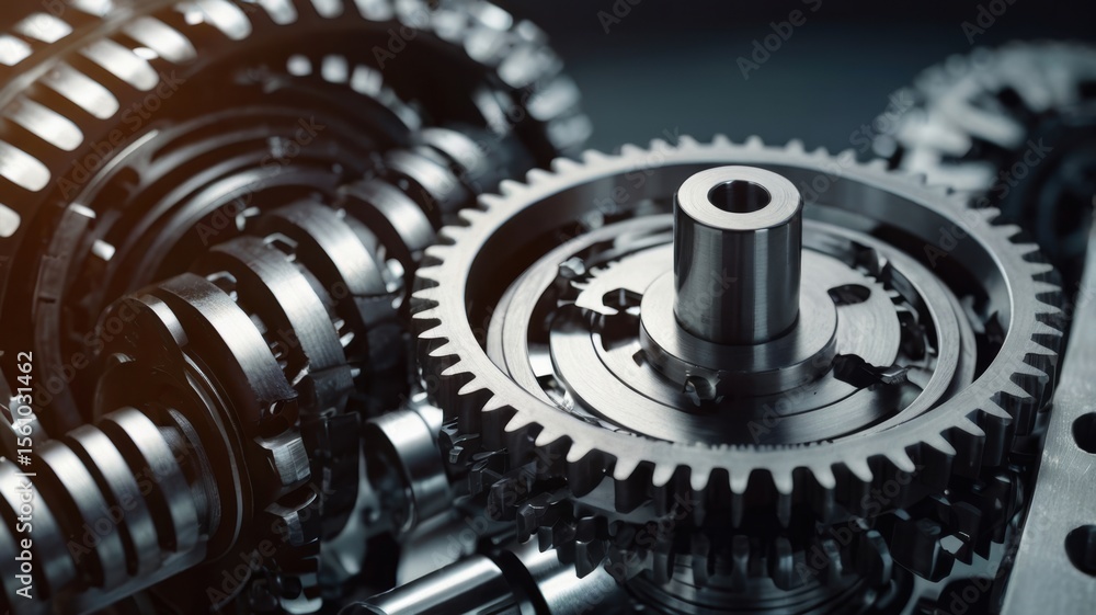 Poster close-up of intricate metal gears and components, showcasing precision engineering and mechanics in 