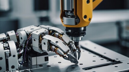 A robotic arm with intricate mechanical joints is engaged in a precision task on a metallic surface.
