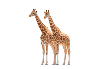 Obraz premium Two graceful giraffes standing side by side against a clean white background. showcasing their long necks and unique patterns. ideal for educational and wildlife-themed projects