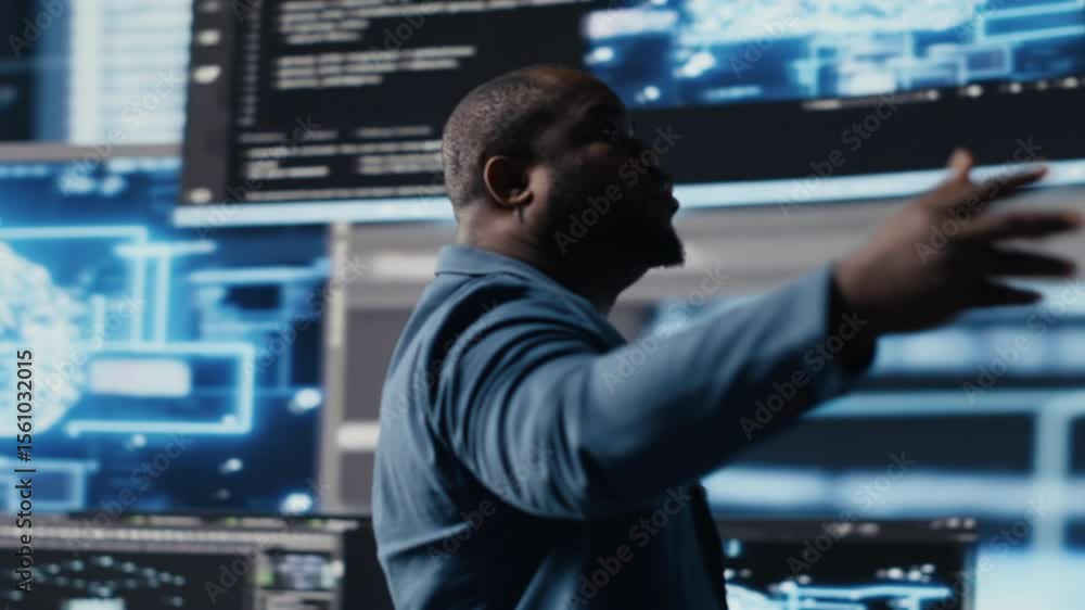 Poster african american developer working in a cyber environment with ai programming language and data scie