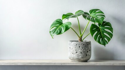 Monstera plant in speckled pot on minimalist shelf