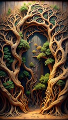 Intricate wooden sculptures of a tree's roots system with delicate leaves and vines