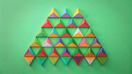 Geometric triangles with bright colors arranged in a symmetrical pattern on a soft green background