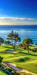 Panoramic ocean view from golf course at Torrey Pines in La Jolla with lush greenery and cypress trees surrounding the landscape