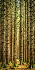 Dense Fir tree forest with twisted trunks and branches forming an abstract background of natural textures and earthy tones