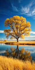 Eastern Cottonwood Tree on Lake Edge with Dry Golden Grasses