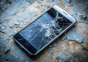 A smartphone with a cracked screen and broken glass scattered on the floor