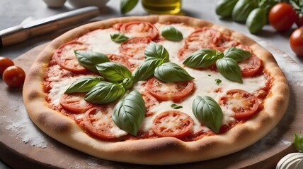 "Freshly Baked Margherita Pizza with Melted Mozzarella and Basil on Rustic Wooden Board – Hot, Steamy, and Oven-Fresh with Crispy Charred Crust"