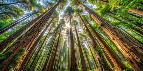 Forest of towering trees in dense red wood