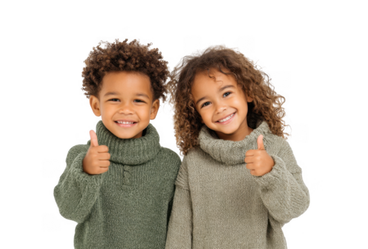 Two cheerful children giving thumbs up while wearing cozy sweaters. standing against a plain white background. conveying joy and positivity. ideal for family or children's fashion themes