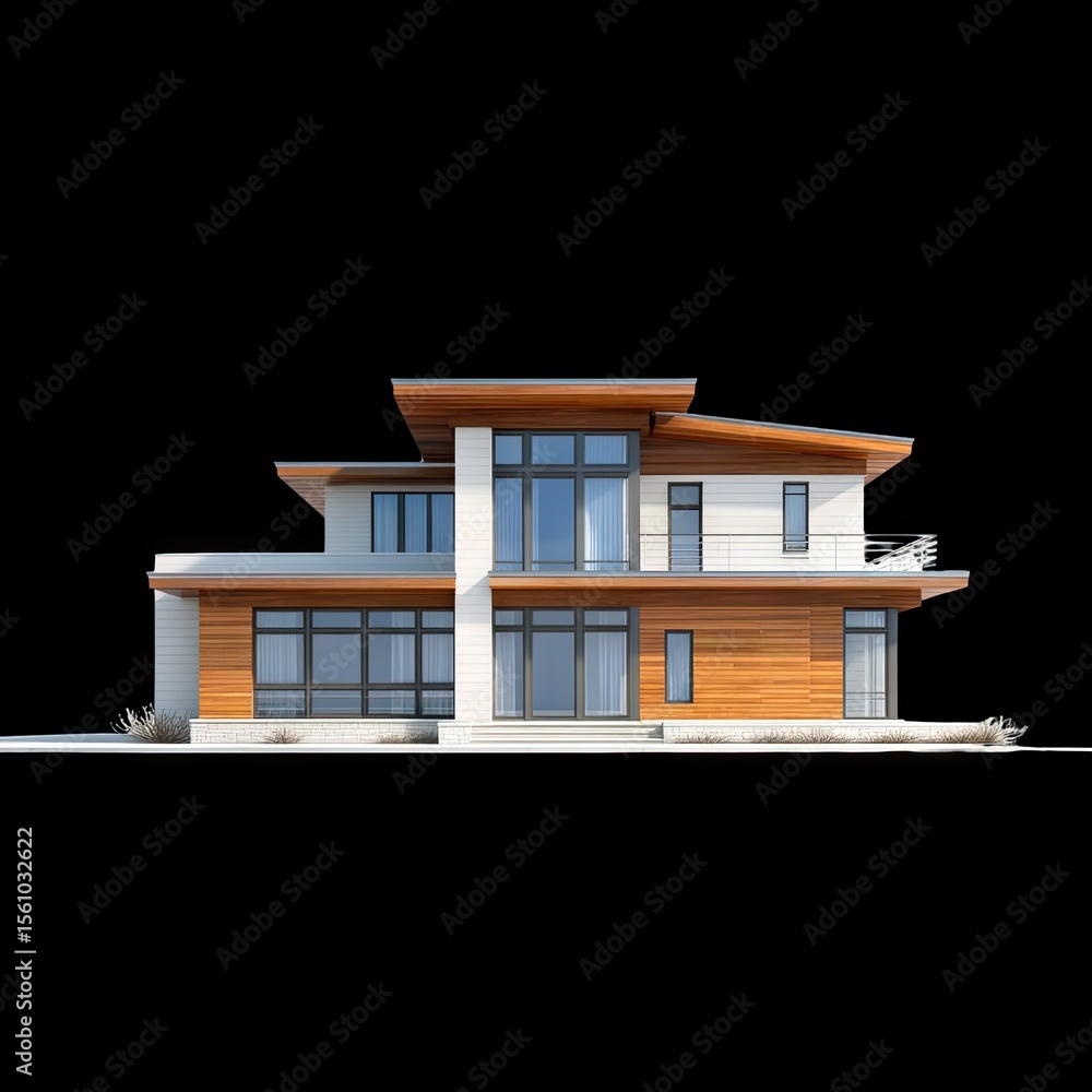 Poster modern architectural design of a stylish home with large windows and sleek lines set against a clear