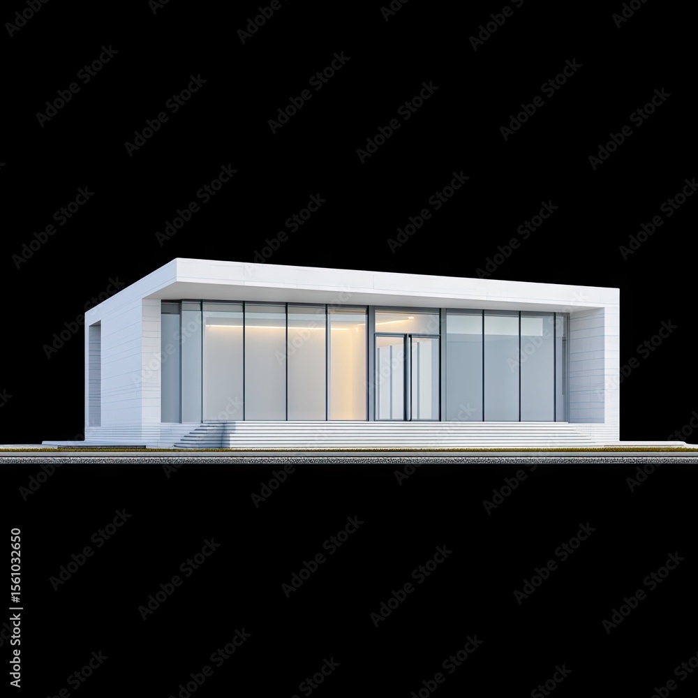 Poster modern minimalist architectural design featuring sleek facade and large glass windows with steps and