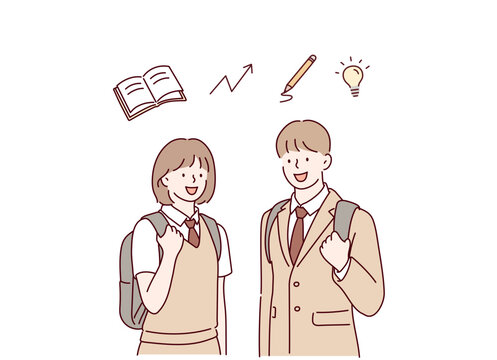Male and Female Students in Uniforms Standing with Study Motivation. Hand drawn style vector design illustrations.