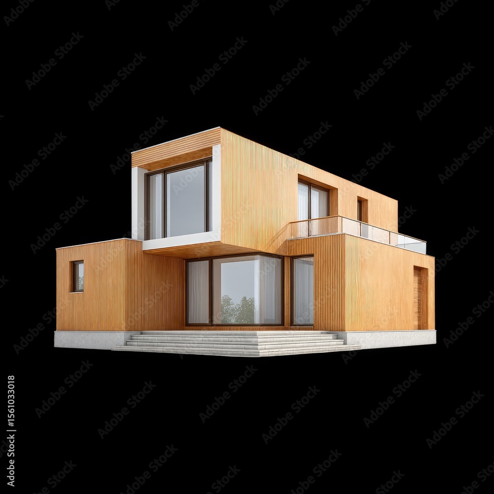 Poster modern wooden house with large windows and unique architecture design in natural environment