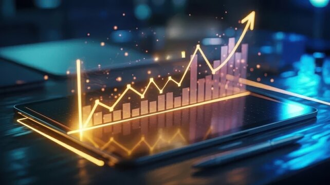 Tablet Displaying Business Growth with 3D Digital Chart