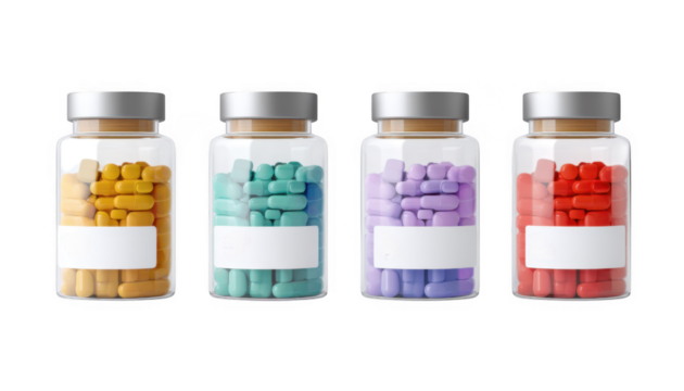 Four jars filled with colorful pills in various shades. displayed against a clean white background. showcasing a modern and minimalist design suitable for health and wellness products