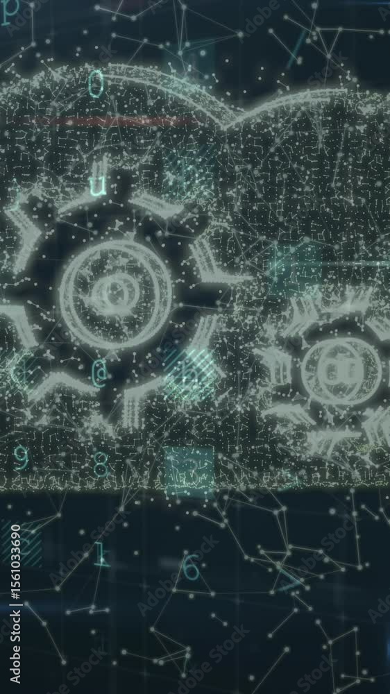 Poster animation of network of connections, malware, scanning, cloud with cogs on black background