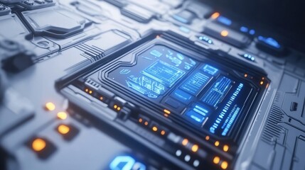 Futuristic Server Control Panel with Glowing Holographic Elements