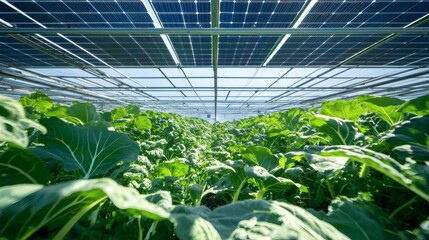 Green crops thriving beneath a canopy of solar panels above