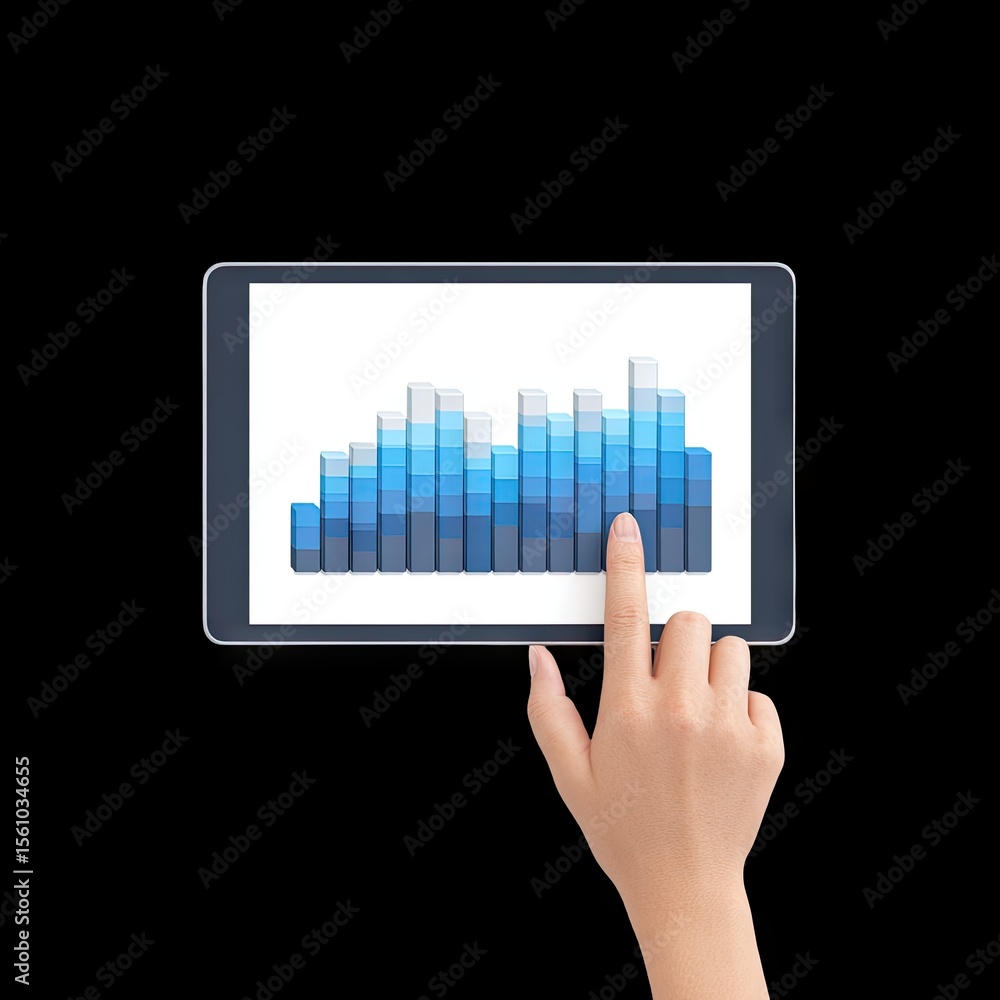 Poster hand touching screen displaying colorful bar graph representing data analysis and business growth me