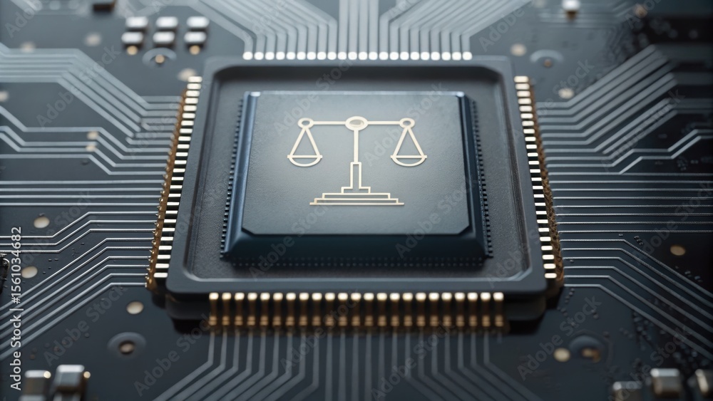 Poster a close-up of a microchip featuring a scales of justice symbol, representing the intersection of tec
