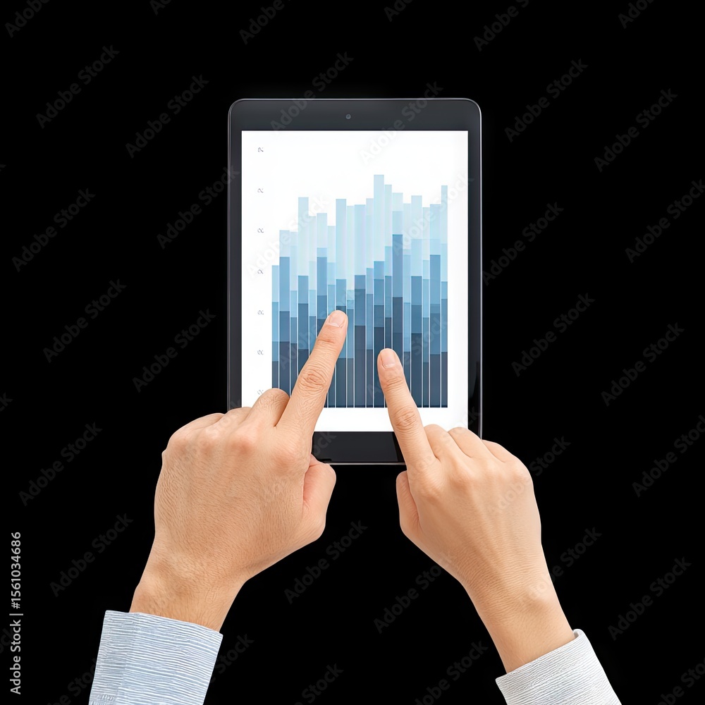 Poster hands interacting with tablet displaying analytics chart in modern business environment focused on d