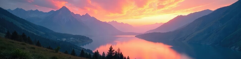 Fototapeta premium Dreamy layered landscape featuring misty mountains, a serene lake, and a vibrant sunset sky Perfect for travel, nature, or fantasy projects , depth, sunset
