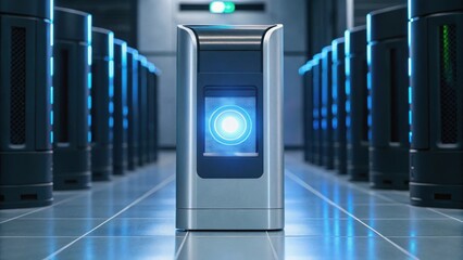 A futuristic server room with glowing equipment, showcasing advanced technology and sleek design.