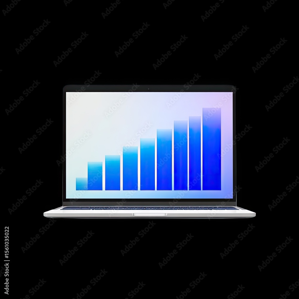 Poster modern laptop displaying blue gradient bar graph indicating growth and progress in financial data an