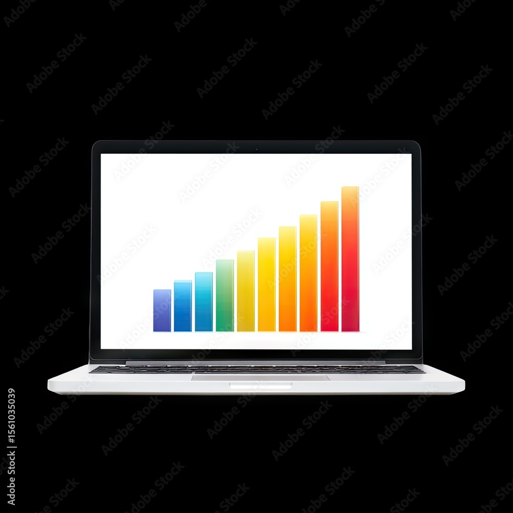 Poster digital laptop displaying colorful bar chart illustrating growth and progress in business analytics 